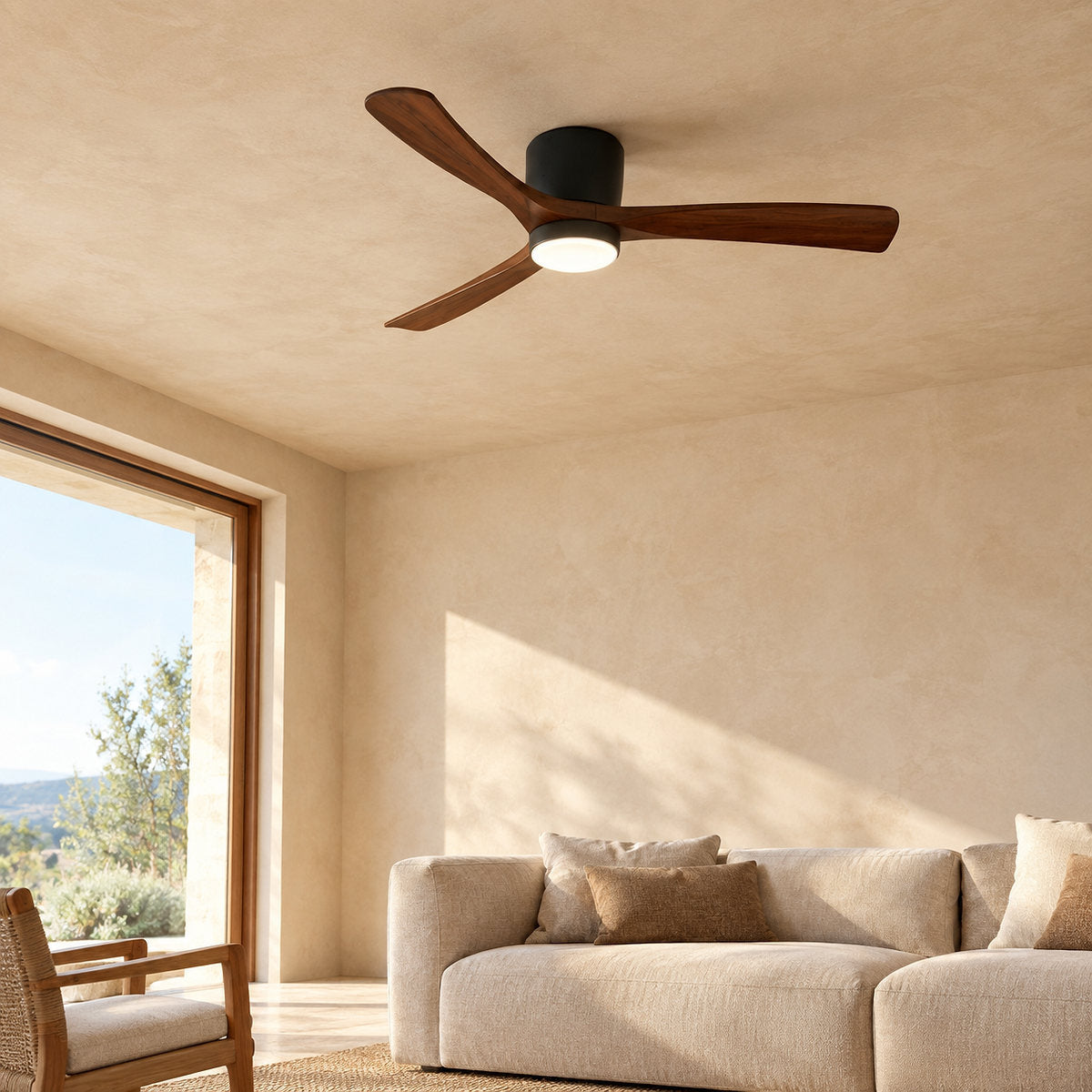 Nordic Wooden Ceiling Fan Light, 42-Inch x H 11-Inch, White & Natural Wood, Power: ~18W & Warm Light for Living Room