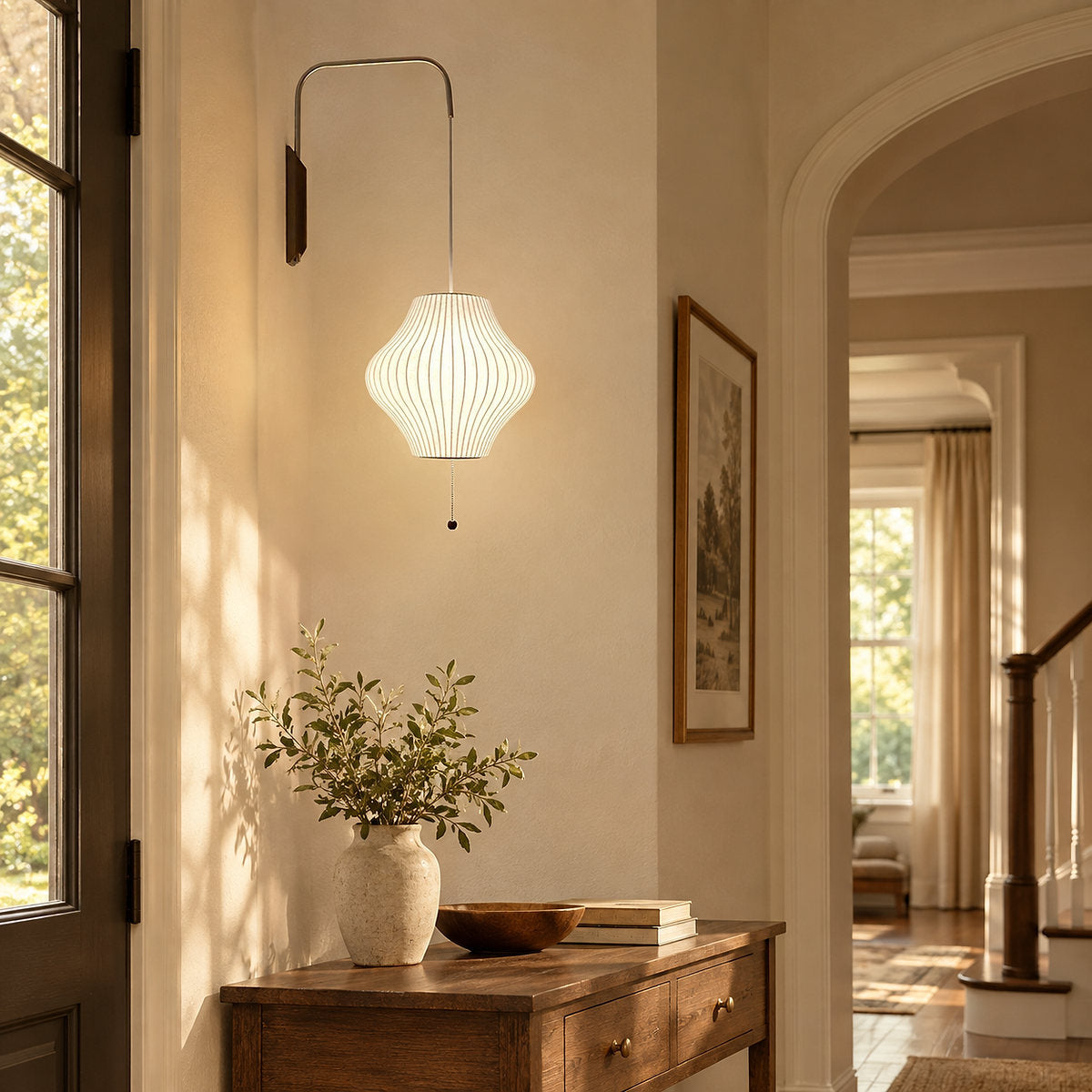 Organic Bubble Wall Lamp, 11-Inch x H 15.7-Inch, White & Walnut wood for Living Room
