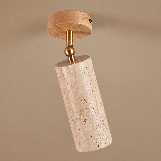 Solis Stone Spotlight, 2.6-Inch x H 6.3-Inch, Walnut Wood & Yellow Travertine, Warm Light for Bedroom & Living Room