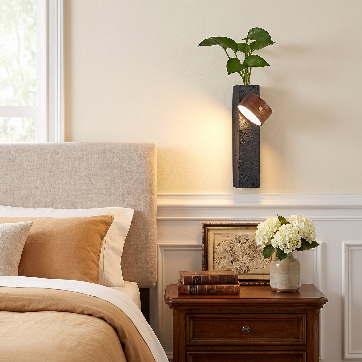 Verde Beam Rechargeable Wall Lamp, 2.8-Inch x H 9.1-Inch, Dark walnut & Black Travertine, Warm Light & USB Charging for Bedroom & Living Room