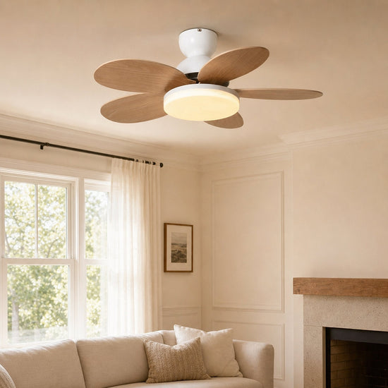 Petalo Ceiling Fan Light, 35.4-Inch x H 11.0-Inch, Green & Wood Grain, Warm Light for Living Room