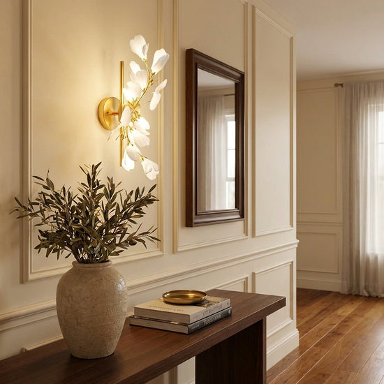 Gingko Flowers Wall Lamp, 11.8-Inch x H 23.6-Inch, Gold & White for Living Room & Dining Room