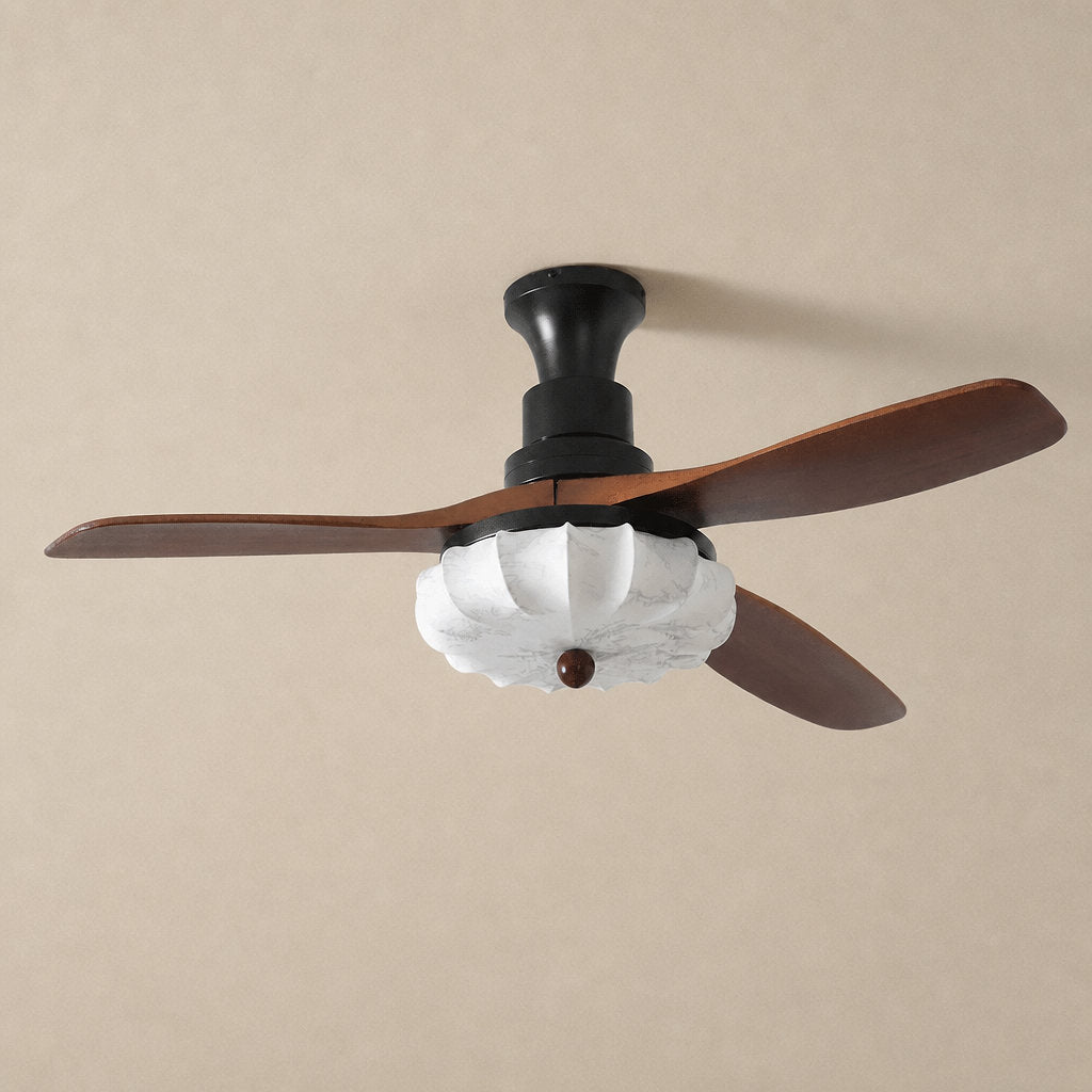 Lotus Bloom Ceiling Fan Light, 36~52-Inch x H 11.8-Inch, Walnut Wood & Black & White, Warm Light for Living Room