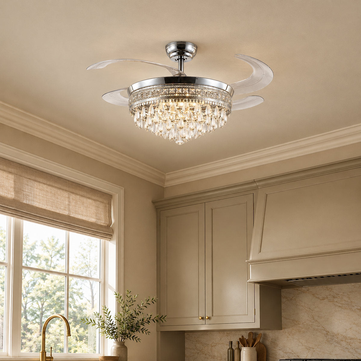 Tricolordeer Retractable Blade Crystal Chandelier Ceiling Fan