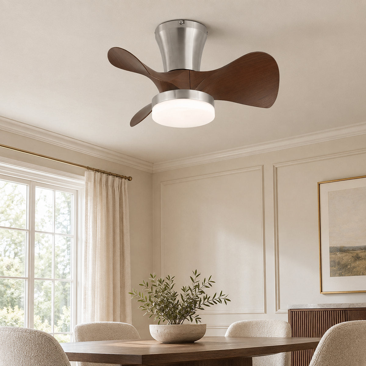 Arvento Ceiling Fan Light, 22-Inch x H 11.8-Inch, Walnut Wood & Nickel, Three-Color Light for Living Room