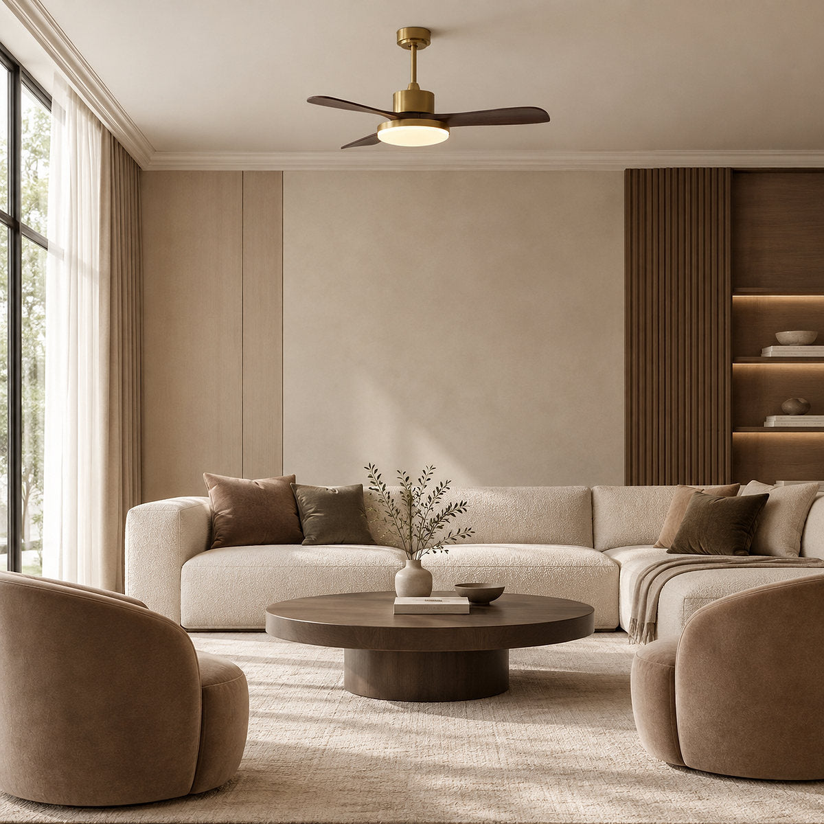 Aurevo Ceiling Fan Light, 36~52-Inch x H 15.7-Inch, Walnut Wood & Gold, Three-Color Light for Living Room