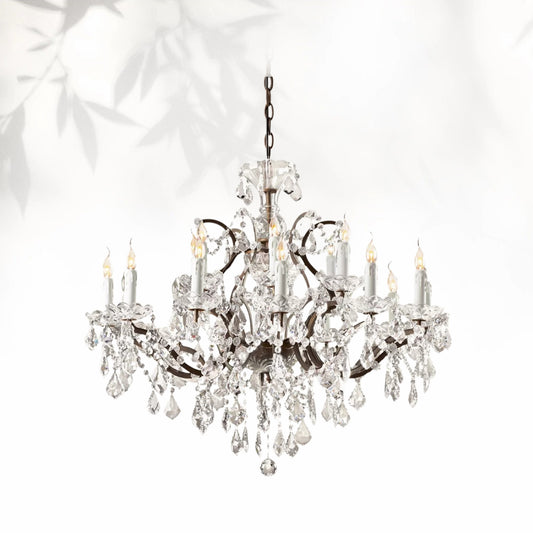 19th C. Rococo Iron & Crystal Round Dining Room Chandelier 33"