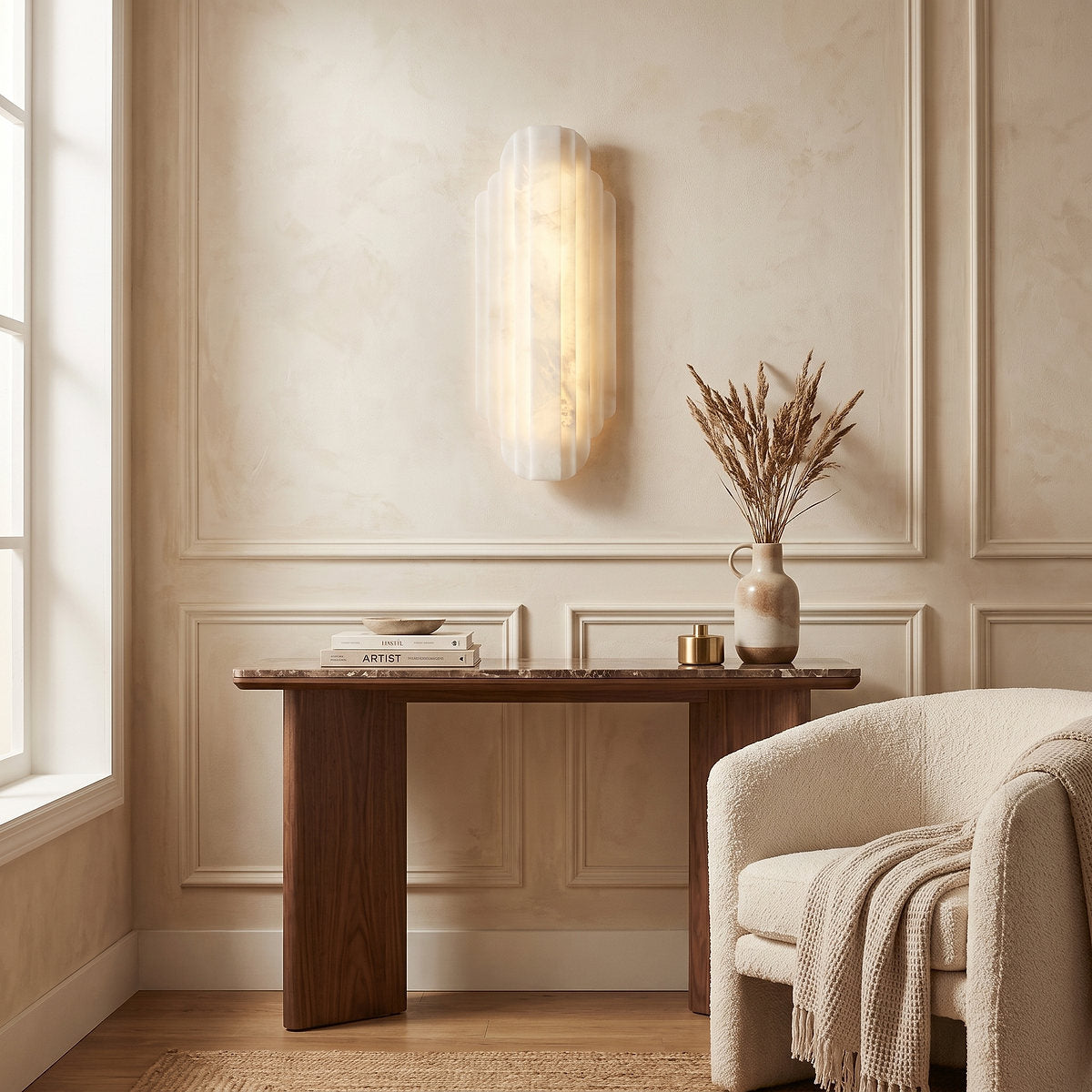 Estelle Alabaster Wall Lamp, 7.9-Inch x H 19.7-Inch, White, Warm Light for Living Room & Dining Room
