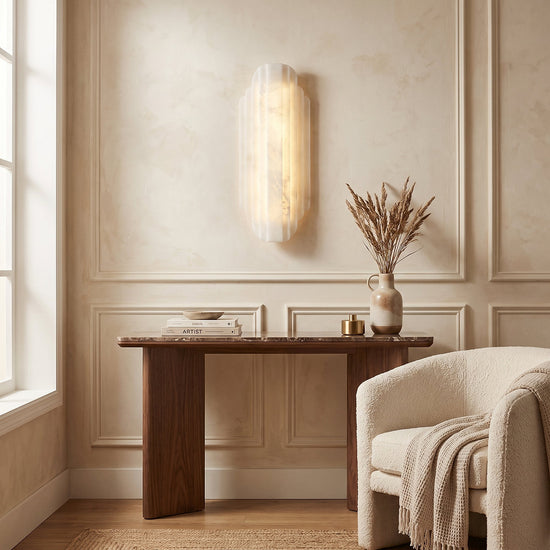 Estelle Alabaster Wall Lamp, 7.9-Inch x H 19.7-Inch, White, Warm Light for Living Room & Dining Room