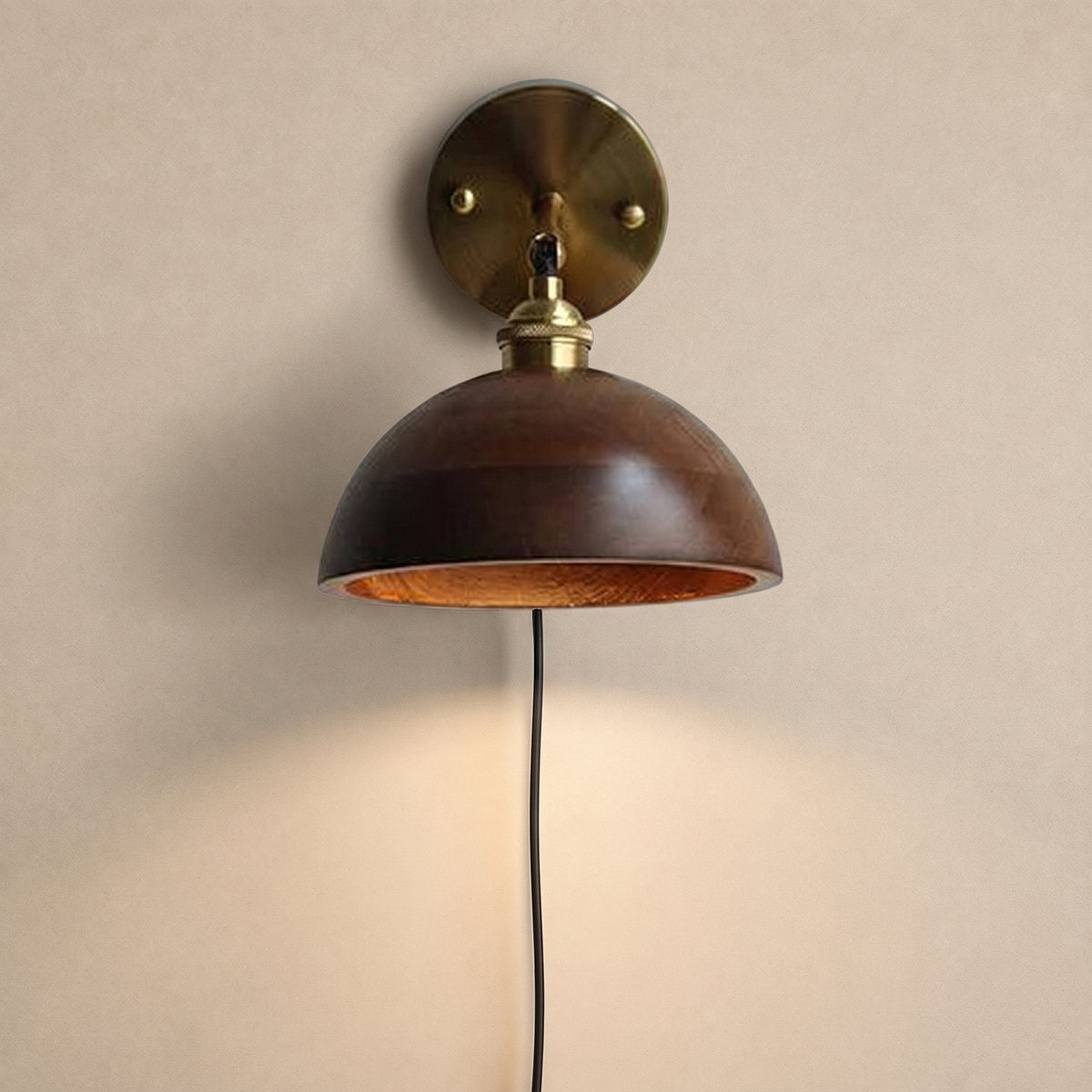 Vintage Wood Plug-in Wall Lamp, 7.1-Inch x H 5.5-Inch, Brass & Walnut Wood, US Plug for Bedroom & Living Room