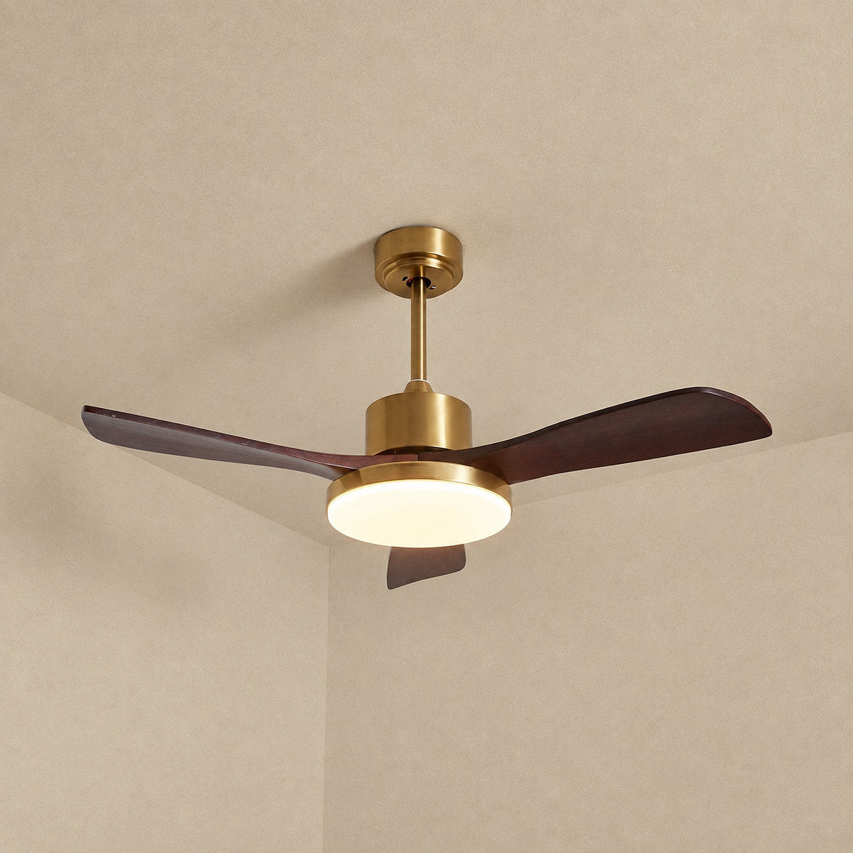 Aurevo Ceiling Fan Light, 36~52-Inch x H 15.7-Inch, Walnut Wood & Gold, Three-Color Light for Living Room
