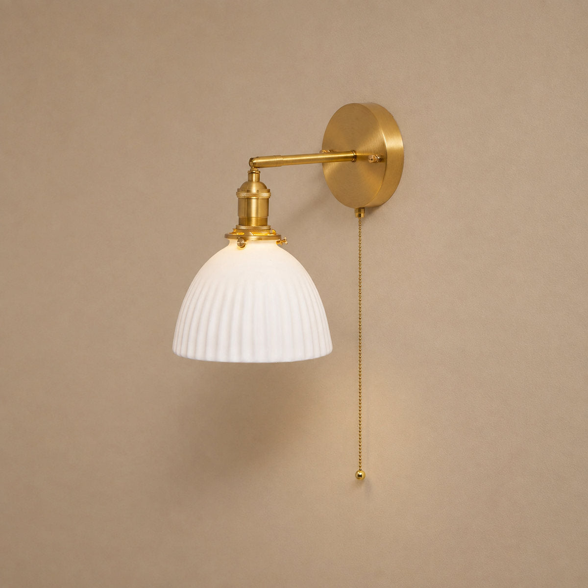 Brass Pleated Ceramic Wall Lamp, 6.7-Inch x H 9.1-Inch, Brass & White Ceramic for Living Room