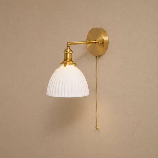 Brass Pleated Ceramic Wall Lamp, 6.7-Inch x H 9.1-Inch, Brass & White Ceramic for Living Room