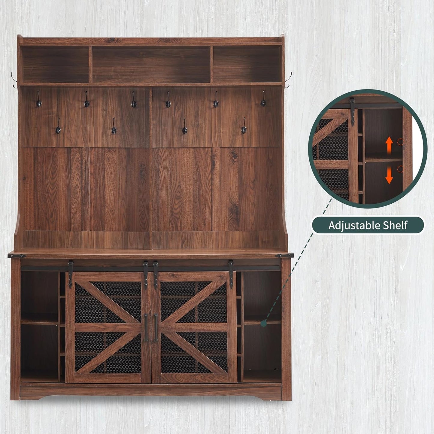 59" Farmhouse Hall Tree with Shoe Storage Bench & Cubbies