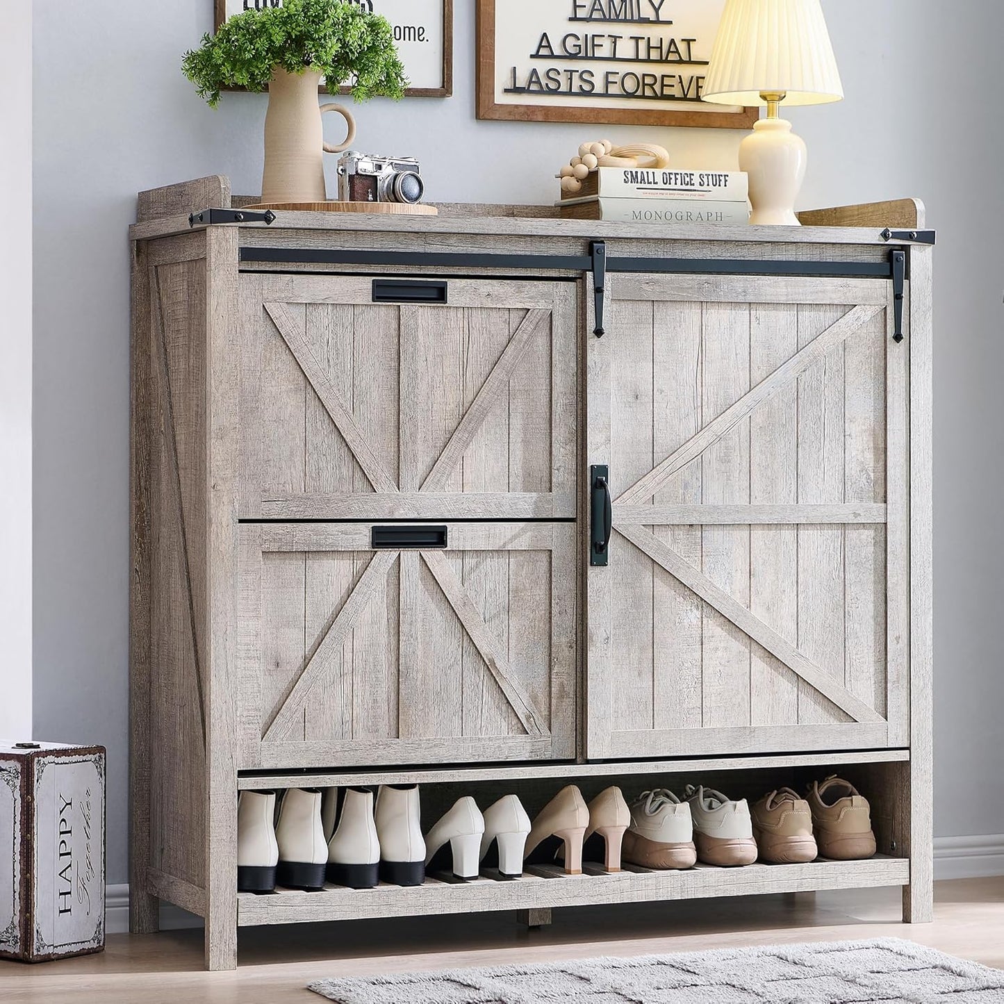 Farmhouse Shoe Storage Cabinet - 2 Flip Drawers and Sliding Door