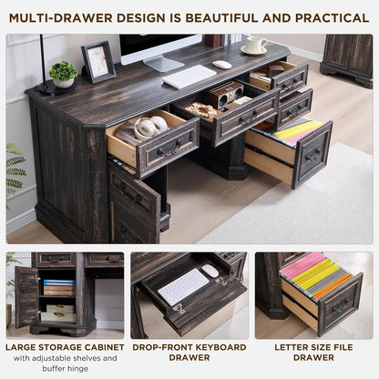 T4TREAM 59" Farmhouse Executive Desk with Drawers & Charging Station