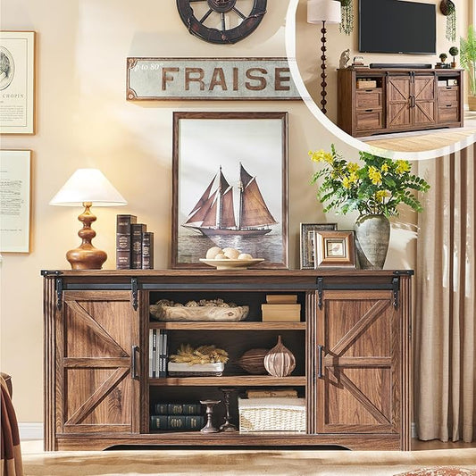 Farmhouse TV Stand with Sliding Barn Door, Rustic Media Console