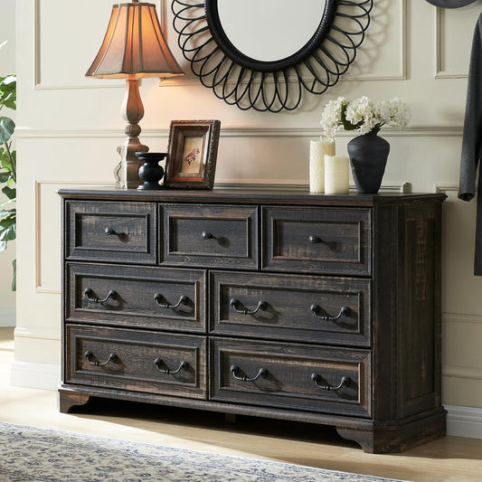 Farmhouse 7 Drawer Dresser Wide Wood Rustic Chest Organizer