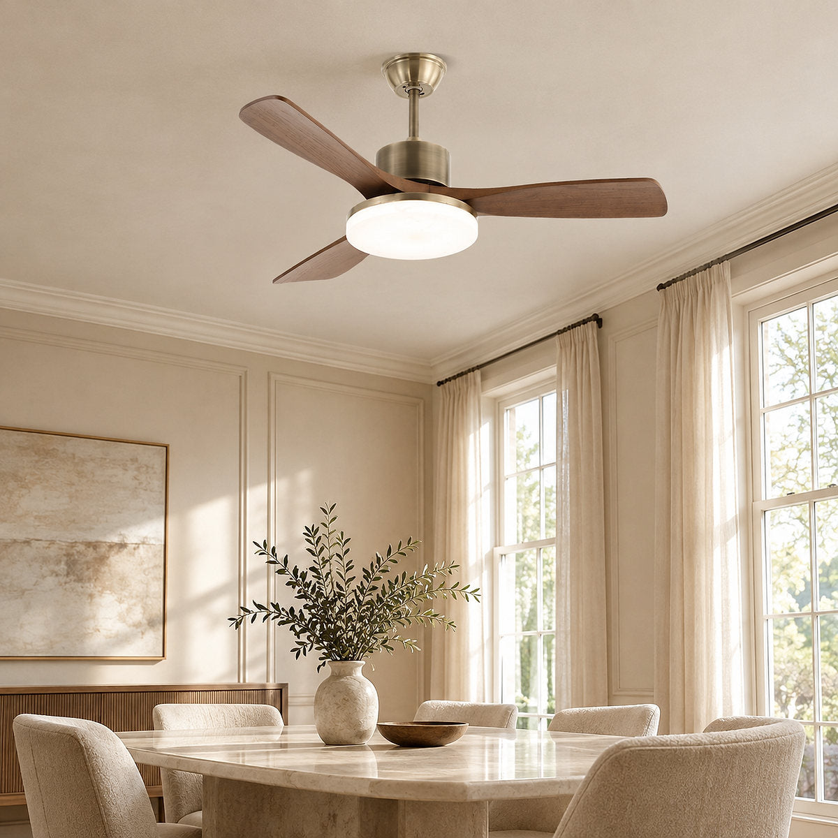 Zephyr Wooden 42"/52" Ceiling Fan Light, 42-Inch x H 11.8-Inch, Model A~D Antique bronze & Walnut, Three-Color Light for Living Room
