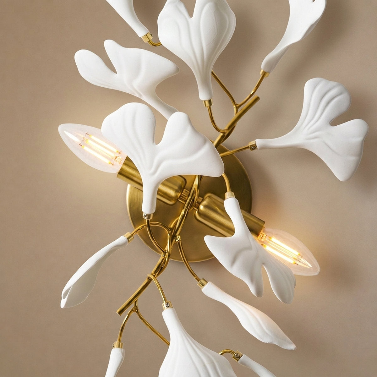 Gingko Flowers Wall Lamp, 11.8-Inch x H 23.6-Inch, Gold & White for Living Room & Dining Room