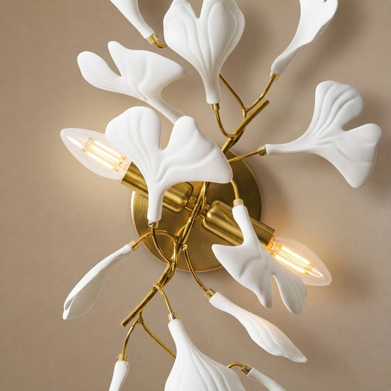 Gingko Flowers Wall Lamp, 11.8-Inch x H 23.6-Inch, Gold & White for Living Room & Dining Room