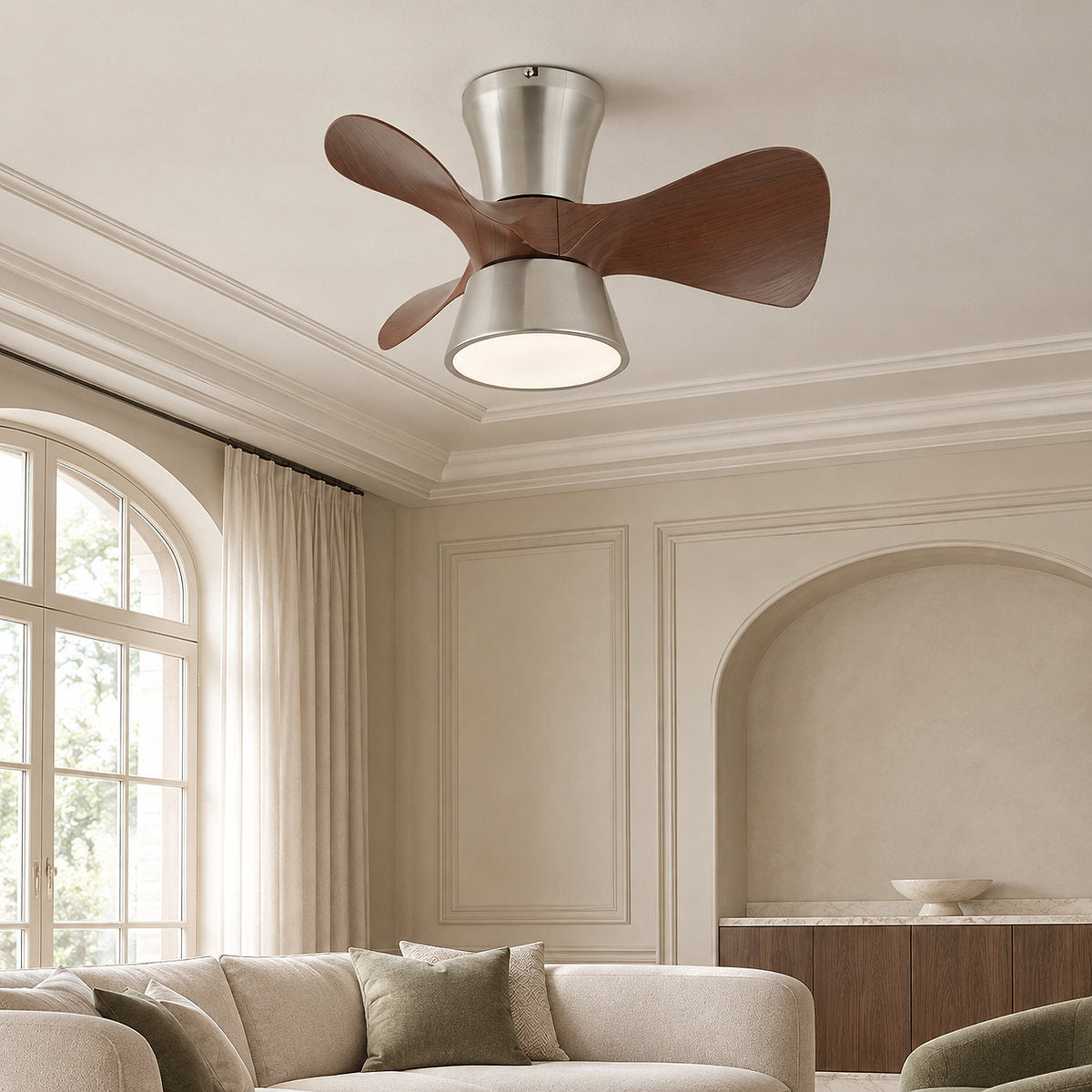 Arvento Ceiling Fan Light, 22-Inch x H 11.8-Inch, Walnut Wood & Nickel, Three-Color Light for Living Room