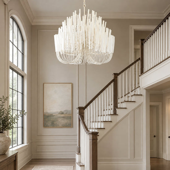 Tiered Wood and Curved Iron Chandelier