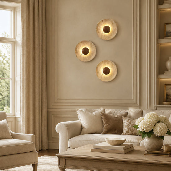 Halo Travertine Wall Lamp, 9.8-Inch x H 9.8-Inch, Wood & Yellow Travertine, Warm Light for Living Room & Dining Room
