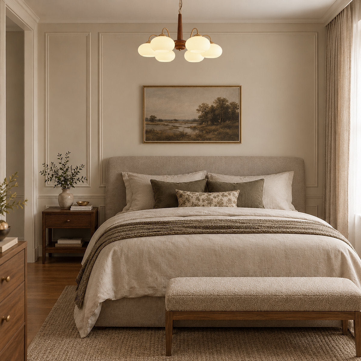 Tricolordeer Walnut Wood Brass Glass Chandelier
