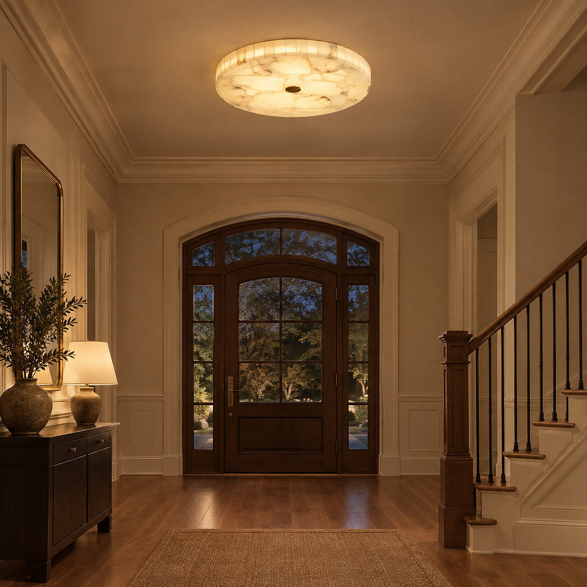 Round Alabaster Ceiling Light, 15.7-Inch x H 2-Inch, White & Gold, Warm Light for Living Room