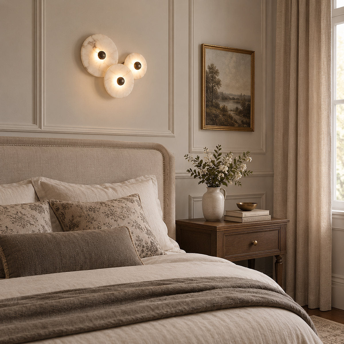 Nayra Alabaster Wall Lamp, 7.9~13.8-Inch, White & Bronze, Triac Warm Dimming for Living Room & Dining Room