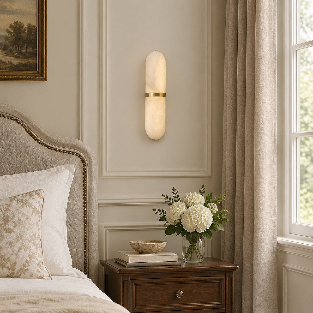 Alabaster Pill Wall Lamp, 3.9~4.7-Inch x H 15.7-Inch, Brass, Warm Light for Living Room & Dining Room