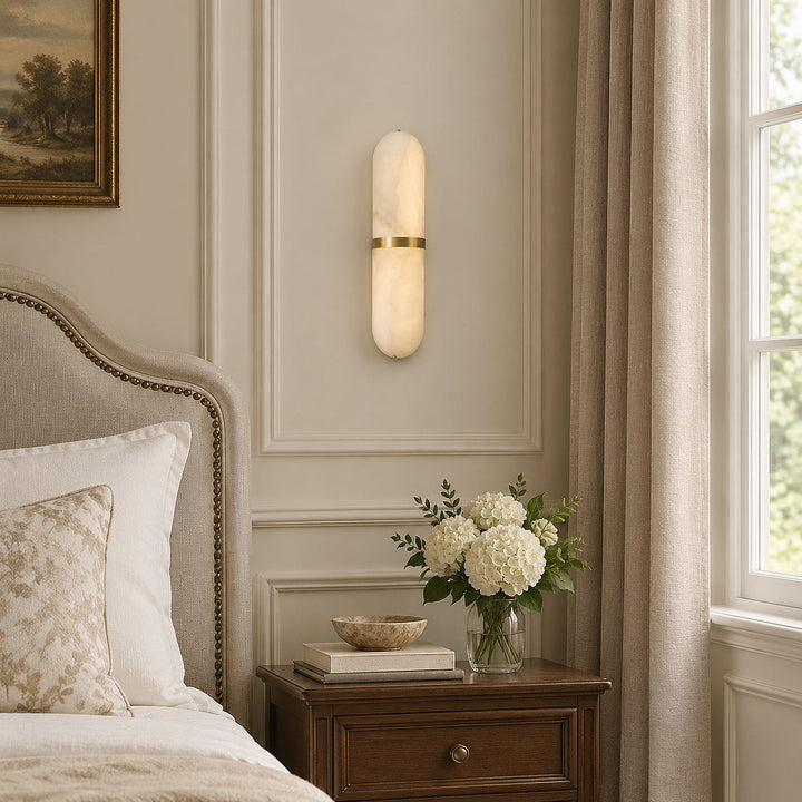 Alabaster Pill Wall Lamp, 3.9~4.7-Inch x H 15.7-Inch, Brass, Warm Light for Living Room & Dining Room