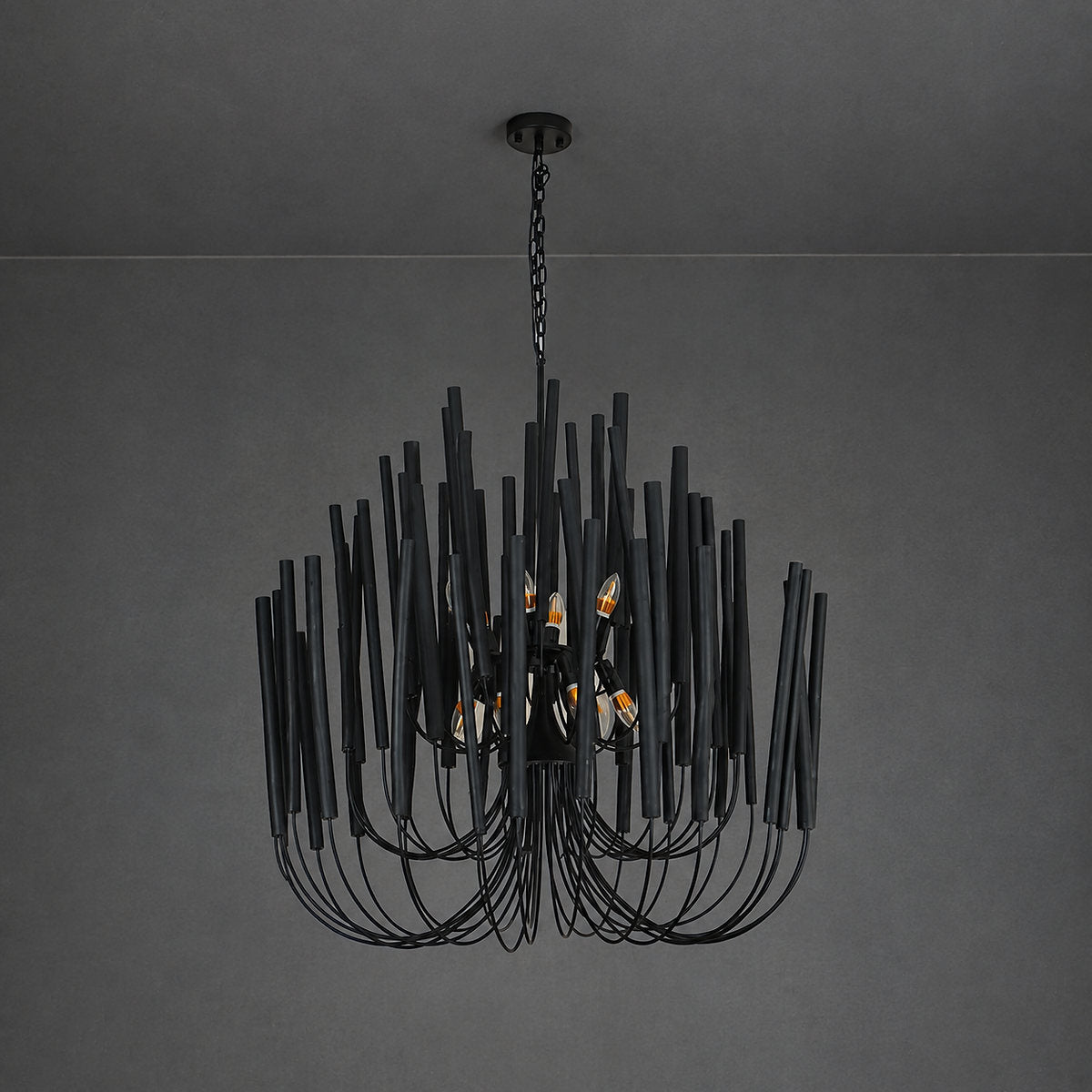Tiered Wood and Curved Iron Chandelier