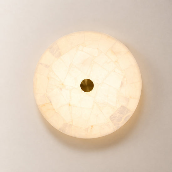 Round Alabaster Ceiling Light, 15.7-Inch x H 2-Inch, White & Gold, Warm Light for Living Room