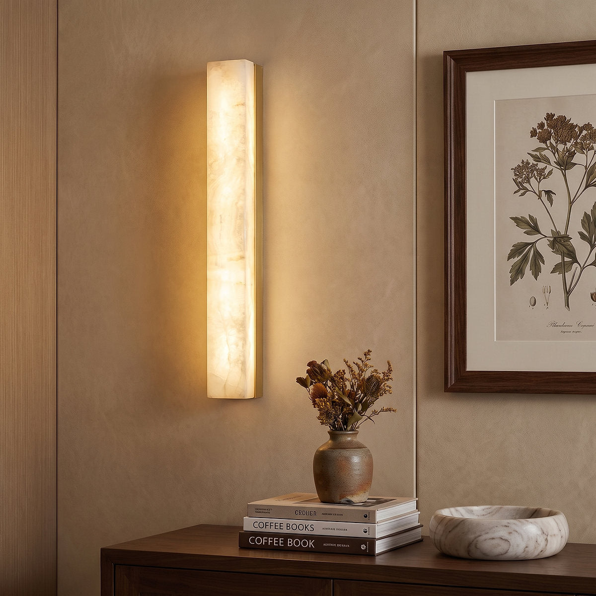 Emerson Alabaster Wall Lamp, 2.4-Inch x H 23.6-Inch, Brass & White, Triac Warm Dimming for Living Room & Dining Room