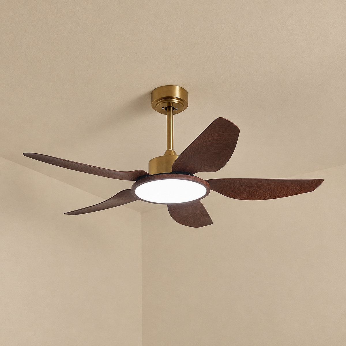 Sirocco Breeze Ceiling Fan Light, 42~48-Inch x H 13.8-Inch, Walnut Grain & Gold & White, Three-Color Light for Living Room