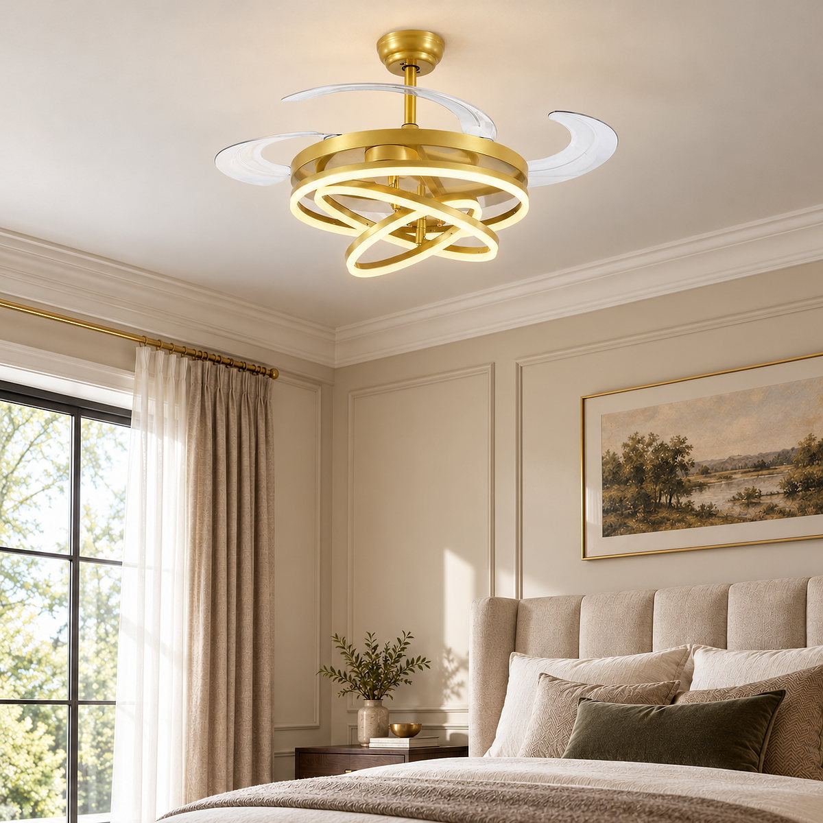 Tricolordeer LED Ring Light Ceiling Fan with Retractable Acrylic Blades
