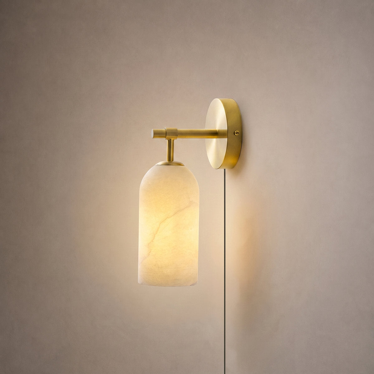 Pillar Alabaster Plug-in Wall Lamp, 3.1-Inch x H 7.1-Inch, Antique Brass & White, US Plug for Bedroom & Living Room