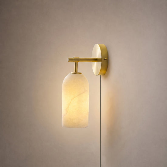 Pillar Alabaster Plug-in Wall Lamp, 3.1-Inch x H 7.1-Inch, Antique Brass & White, US Plug for Bedroom & Living Room