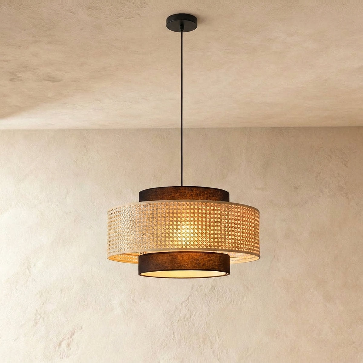 Woven Rattan Drum Shade Pendant Light for Dining Room & Living
