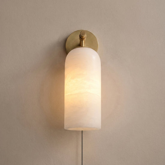 Pillar Alabaster Plug-in Wall Lamp, 3.1-Inch x H 7.1-Inch, Antique Brass & White, US Plug for Bedroom & Living Room