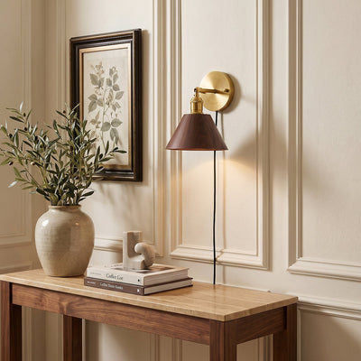 Vintage Wood Plug-in Wall Lamp, 7.1-Inch x H 5.5-Inch, Brass & Walnut Wood, US Plug for Bedroom & Living Room