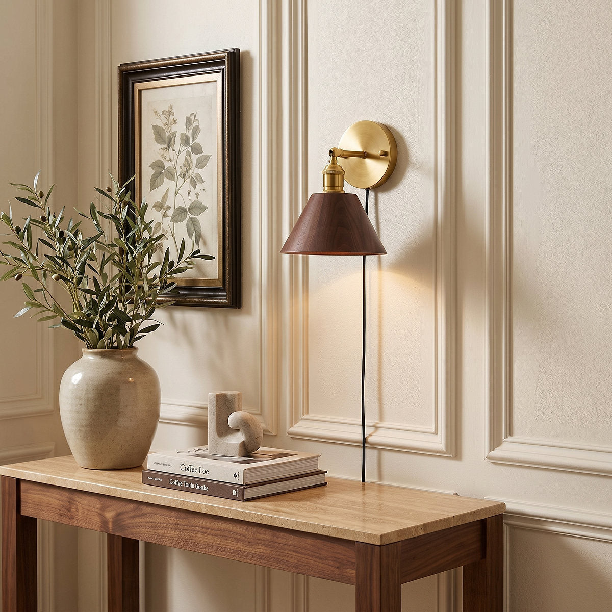 Vintage Wood Plug-in Wall Lamp, 7.1-Inch x H 5.5-Inch, Brass & Walnut Wood, US Plug for Bedroom & Living Room