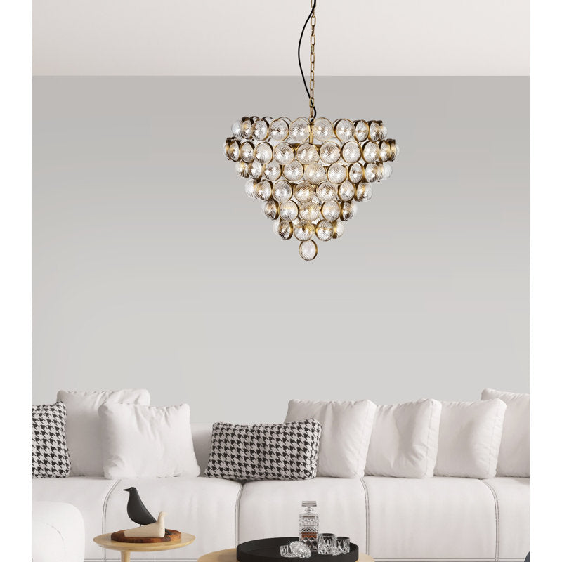 Aged Brass and Textured Glass Bouquet Style Large Chandelier