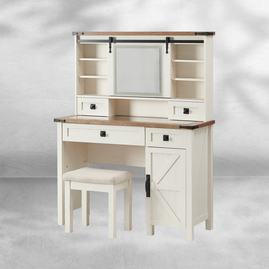 Farmhouse Makeup Vanity Desk with Sliding Mirror and Lights