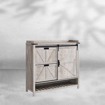 Farmhouse Shoe Storage Cabinet - 2 Flip Drawers and Sliding Door