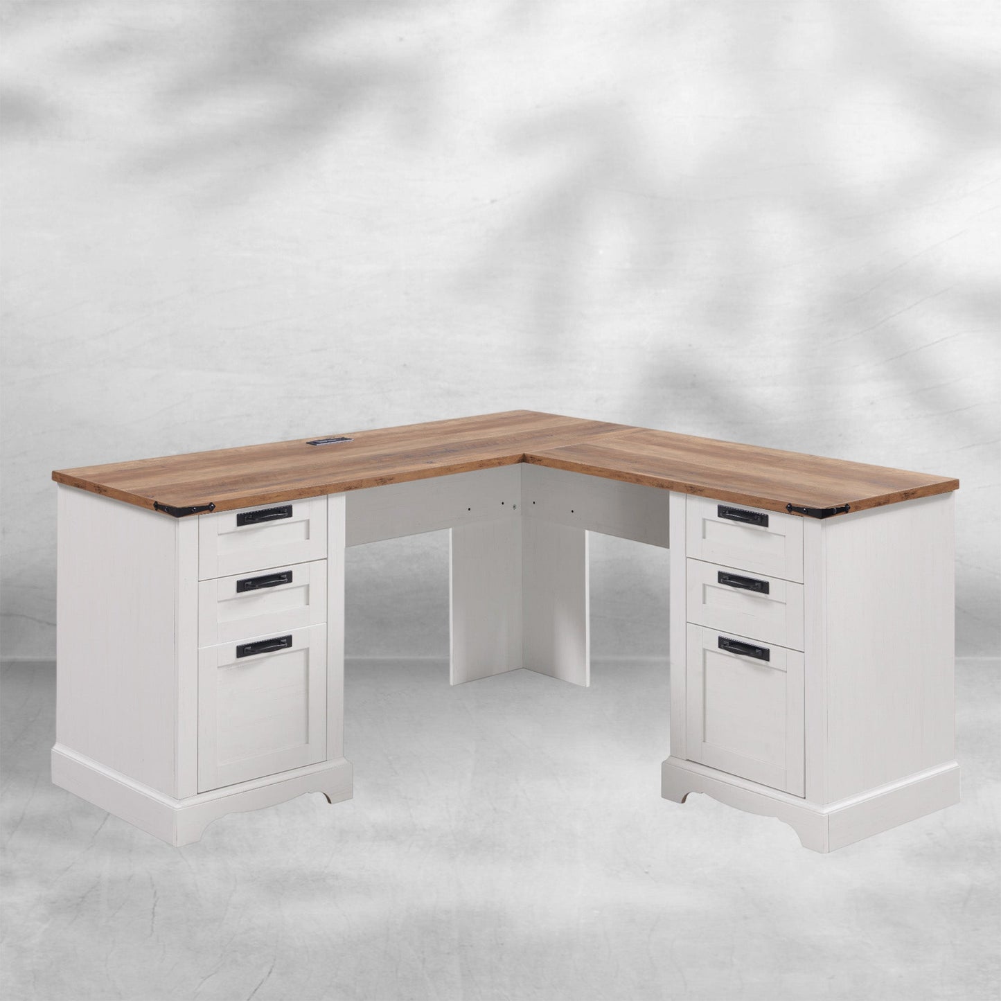 60" Farmhouse L Shaped Desk with Charging Station and Drawers