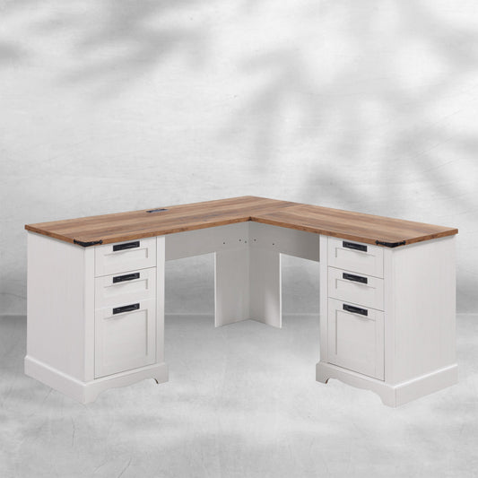 60" Farmhouse L Shaped Desk with Charging Station and Drawers