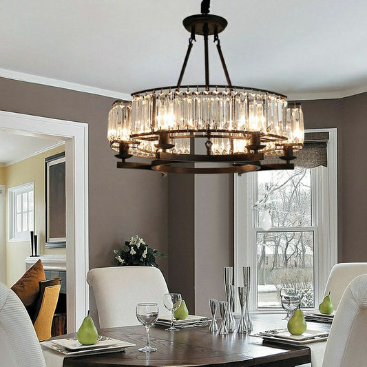 Decorative 6/ 8/ 10/ 12-Light Crystal Ceiling Chandelier Triangular Prism Island Light Fixture Metal Shade for Living Room